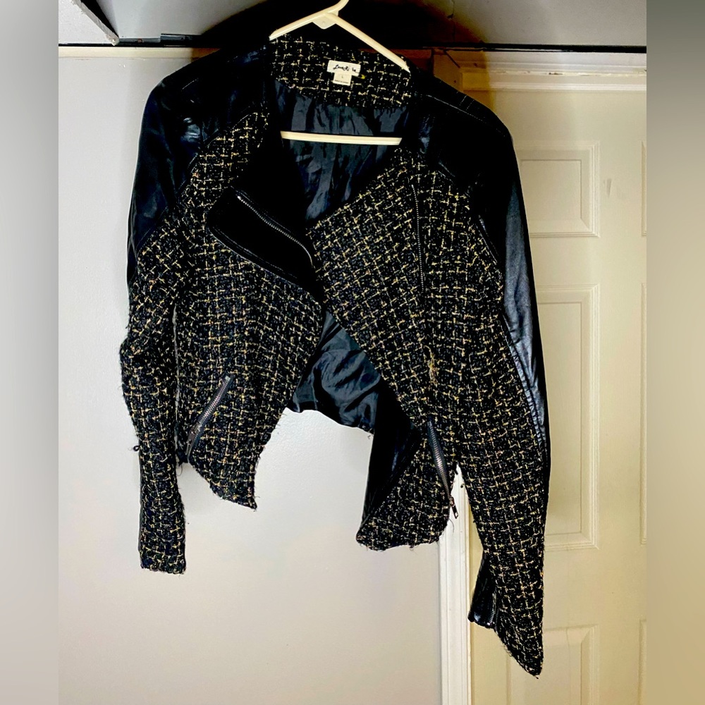 Knit and leather jacket with gold accent